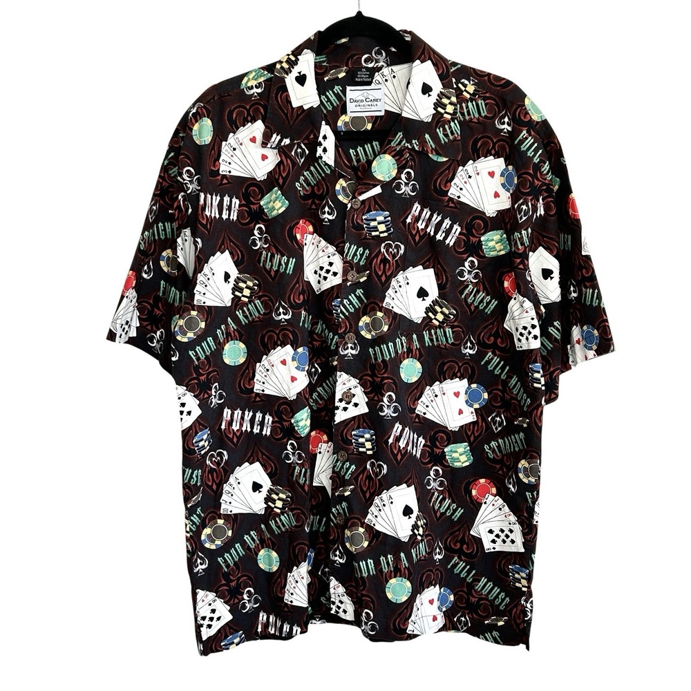 David Carey Originals‎ Poker Button Shirt XL Retro Vegas Graphic Gambler Brown